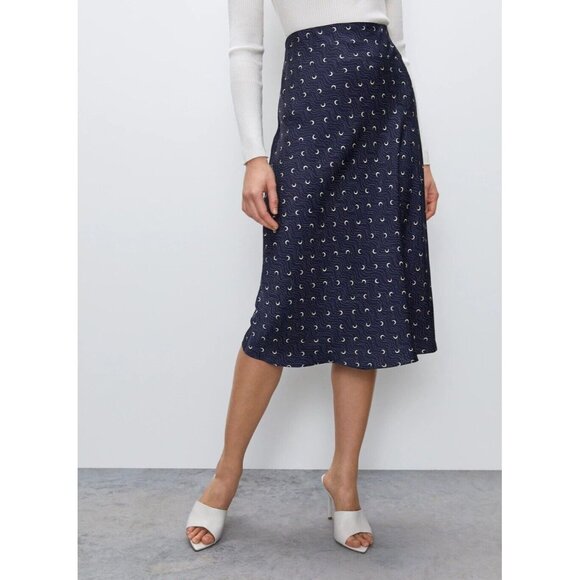 NWOT Aritzia BABATON Navy Blue Moon Printed Satin Midi Slip Skirt, Size 00 - Picture 12 of 13